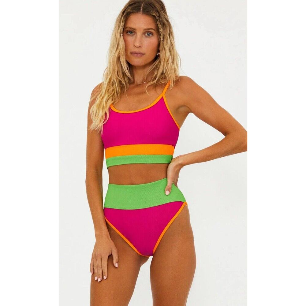 Beach Riot Emmy Colorblock High Waist Bikini Bottoms Neon Sunset Colorblock L